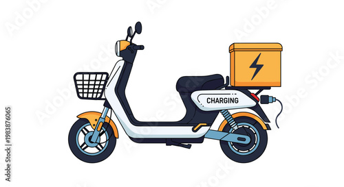 White electric delivery motor scooter with charging cable and power symbol on the cargo box against a white background.
