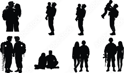 Soldier couples silhouettes showing love, family support and military life.