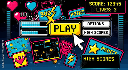 Retro video game interface with colorful buttons and score display on dark background