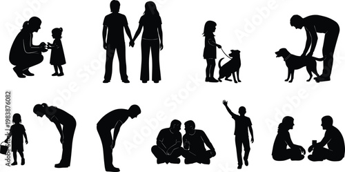 People silhouettes interacting in diverse scenarios like walking dogs and playing.