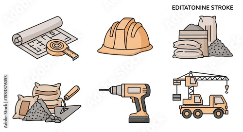 Construction tools and heavy equipment illustration set.
