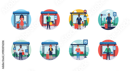 Set of circular icons shows diverse people with suitcases waiting for transport at bus stops and stations in an urban setting.