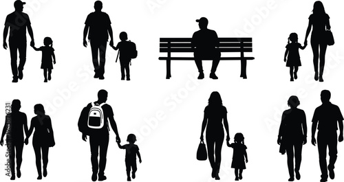 Happy family walking together father mother son daughter casual stroll park outdoor.