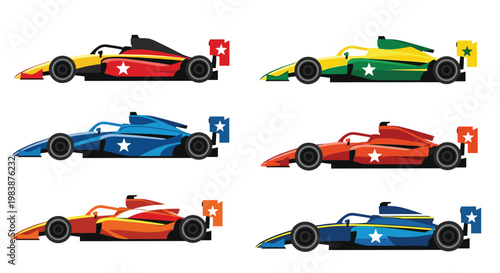 Collection of formula race cars in various colors including red, blue, green, and orange shown in professional profile view.