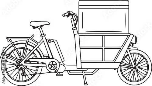 Electric cargo bicycle with a large storage box mounted on the front frame as a clean black and white line art vector illustration