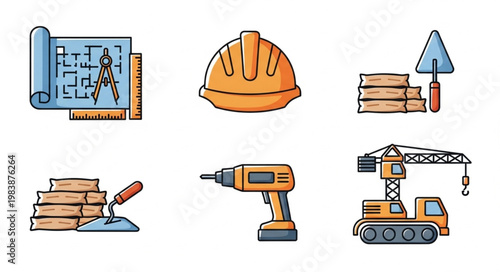 Construction tools and plans icons set.