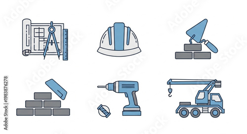 Construction Industry Tools and Equipment Icons Set.