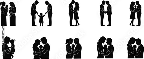 Romantic couple silhouettes in various affectionate poses.