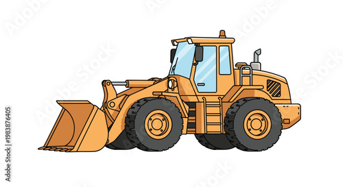 Heavy construction machinery shows a large yellow front end loader or wheel loader vehicle isolated on a white background.