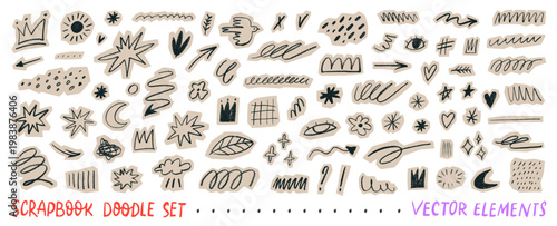 Funky doodle scrapbook collage vector stickers. Crayon drawn doodle elements cut out on beige craft paper. Hand drawn scrapbook stickers with squiggle lines, underlines, stars, arrows and crowns.