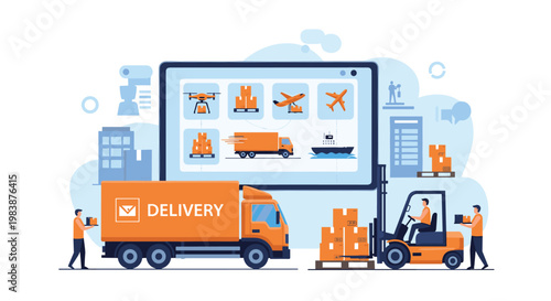 Logistics center concept shows trucks, drones, airplanes, ships, and warehouse staff managing various shipping operations.