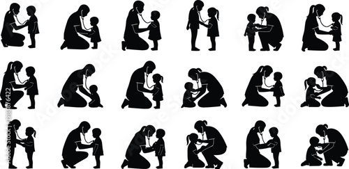 Silhouettes of doctor and child interacting with stethoscope during medical checkup, transparent background.