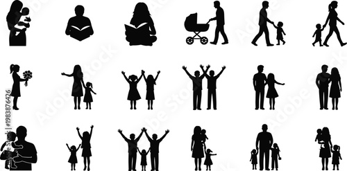 Collection of family and parent child silhouettes showing various activities like walking, reading, and holding.