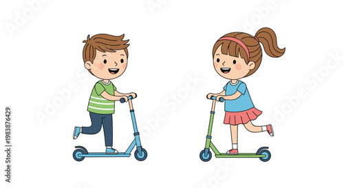Young boy and girl are happily riding their kick scooters in opposite directions against a plain white background.