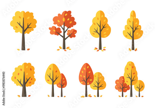 Collection of autumn trees with fallen leaves in flat design style, representing fall season and nature's beauty