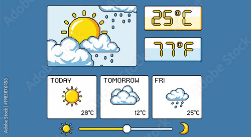 Weather forecast interface with sunny rainy and cloudy days temperature display