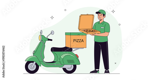 Pizza delivery person in a green uniform opens a fresh pizza box next to a green scooter with a storage box.