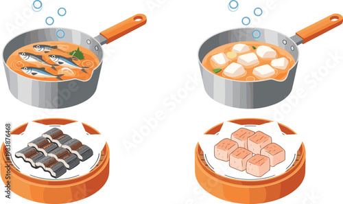 Canvas Print Japanese Cooking Process Illustration Set with Boiling Fish Tofu and Grilled Eel