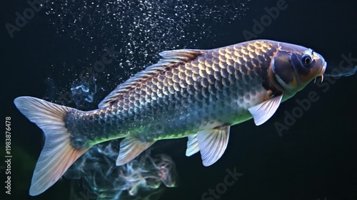 Mystical animal footage of koi fish swimming in dark water