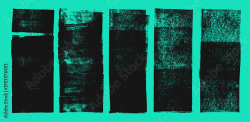 Vertical long linocut stamps texture set on emerald green background. Distress printmaking aged effect vertical stripes. Set of handmade dull rough edges old noise rectangles. Hand drawn ink roller