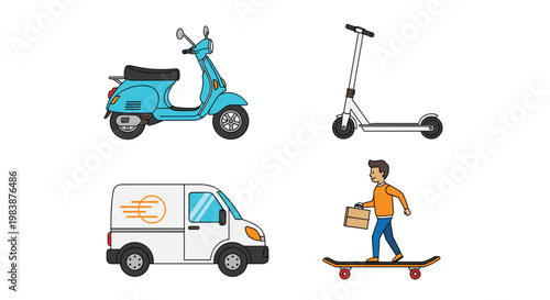 Transport collection features a blue scooter, white kick scooter, delivery van, and a person on a skateboard with a box.