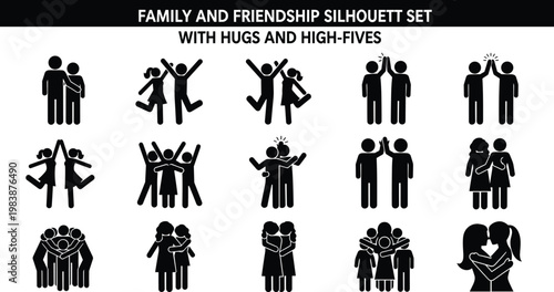Silhouettes of family and friends interacting with hugs and high fives, set against a transparent background.