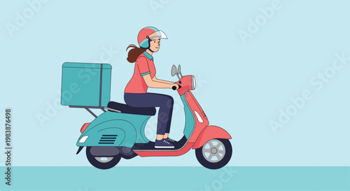 Female courier with a helmet is seen riding a turquoise and red scooter carrying a large blue delivery box.