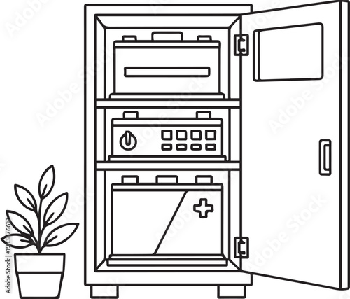Industrial battery storage cabinet with open door and potted plant line art illustration