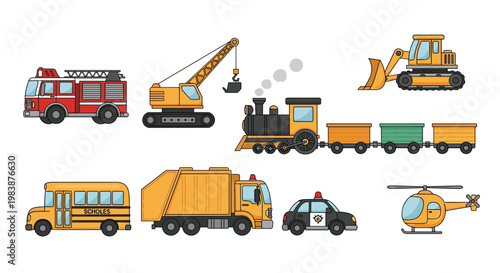 Diverse set of transport vehicles features fire engine train bulldozer and helicopter illustrations for educational content.