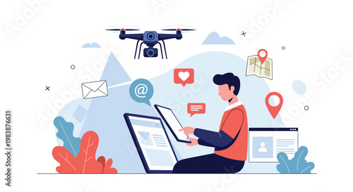 Digital logistics management concept shows man using tablet and laptop with drone and social media icons for tech business.