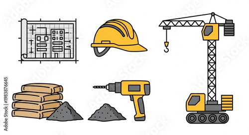 Construction site elements blueprint hard hat crane drill and materials illustration.