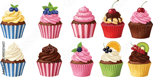 Cupcake Dessert Illustration Set with Different Flavors Frosting and Fruit Toppings for Bakery Menu Sweet Food Design Collection