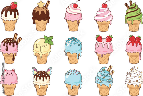 Cute Ice Cream Cartoon Illustration Set with Different Flavors Toppings and Colorful Cones for Dessert Menu and Kids Sweet Food Design