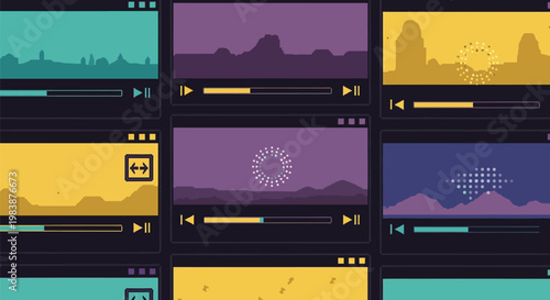 Multimedia player interface with colorful video thumbnails and controls on black background