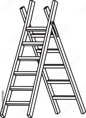 Classic wooden A-frame stepladder isolated on a white background for home improvement and maintenance projects in a clean black and white line art style