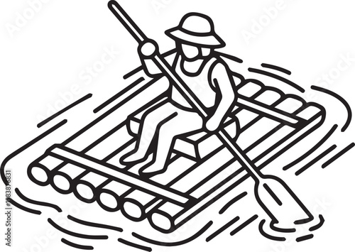 Person wearing a hat paddling a wooden raft on water in an outdoor adventure concept illustrated in a simple black and white line art vector style