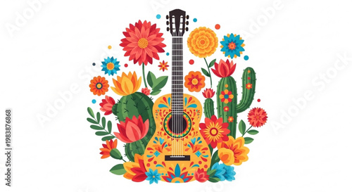 Vibrant guitar surrounded by colorful flowers and cacti symbolizing music and nature's harmony