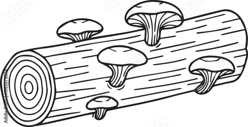 Black and white line art illustration of various mushrooms growing on a fallen wooden log in a forest setting for nature coloring book pages