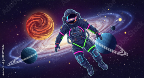 Astronaut floating in space with planets and stars wearing neon space suit