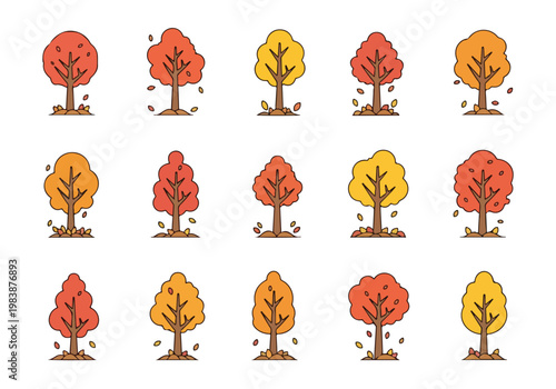 A collection of stylized autumn trees with falling leaves, perfect for seasonal designs and nature-themed graphics