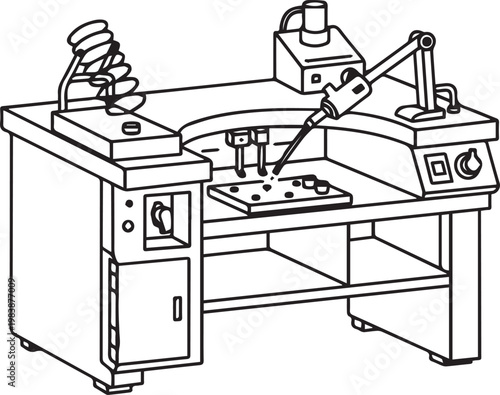 Professional jewelry workbench line art illustration showing a specialized desk with tools and equipment for goldsmithing and watch repair projects