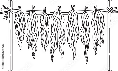 Rustic line art illustration of several long strips of organic material hanging on a wooden rack for drying in an outdoor farm setting
