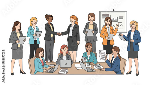 Businesswomen team meeting with presentation and handshake, office collaboration, flat vector illustration