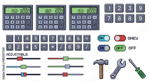 Collection of calculators tools and office supplies on a white background for business and diy projects