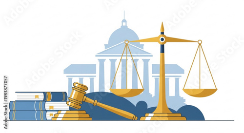 Law and justice concept with gavel scales and books in front of a courthouse symbolizing legal system and order