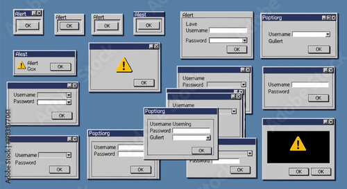 Collection of computer error windows with warning signs on blue background alert symbols and generic system messages