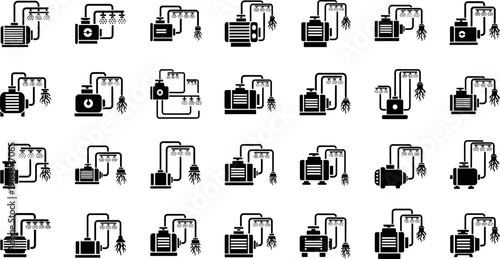 Set of water pump silhouettes with irrigation spray system icons, automatic garden sprinkler equipment, industrial agriculture machinery, farm plumbing hardware