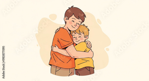 Two brothers sharing a warm hug with smiles on their faces in a cozy embrace