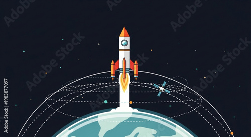 Rocket ship launching into space orbit around earth with trajectories and stars