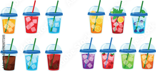 Iced Drink Cups Illustration Set with Different Fruit Flavors Cold Beverages and Colorful Plastic Cups for Summer Refreshment Menu Design
